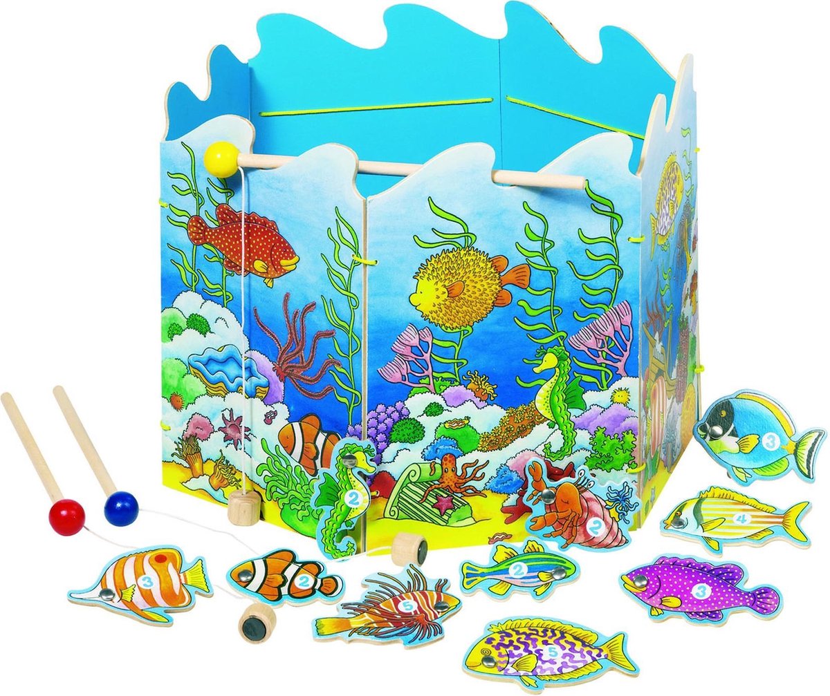 Goki fiskespil diam.30cm, 19-delt, med 2 fiskestænger med magnet, træ, 3+