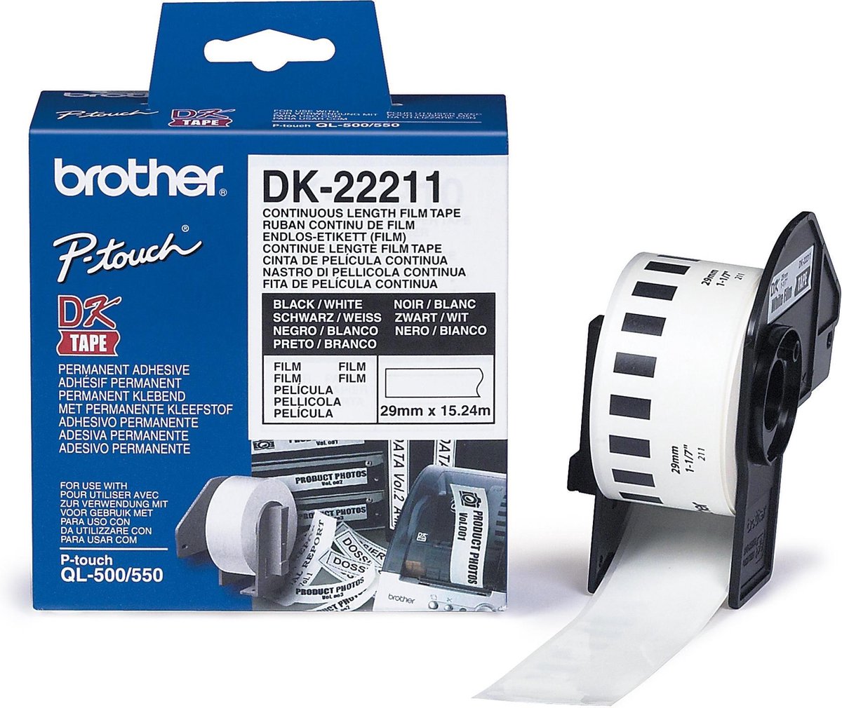 Brother dk-22211 kontinuerlig længde tape: 29mm - holdbar film - hvid (15,24m)