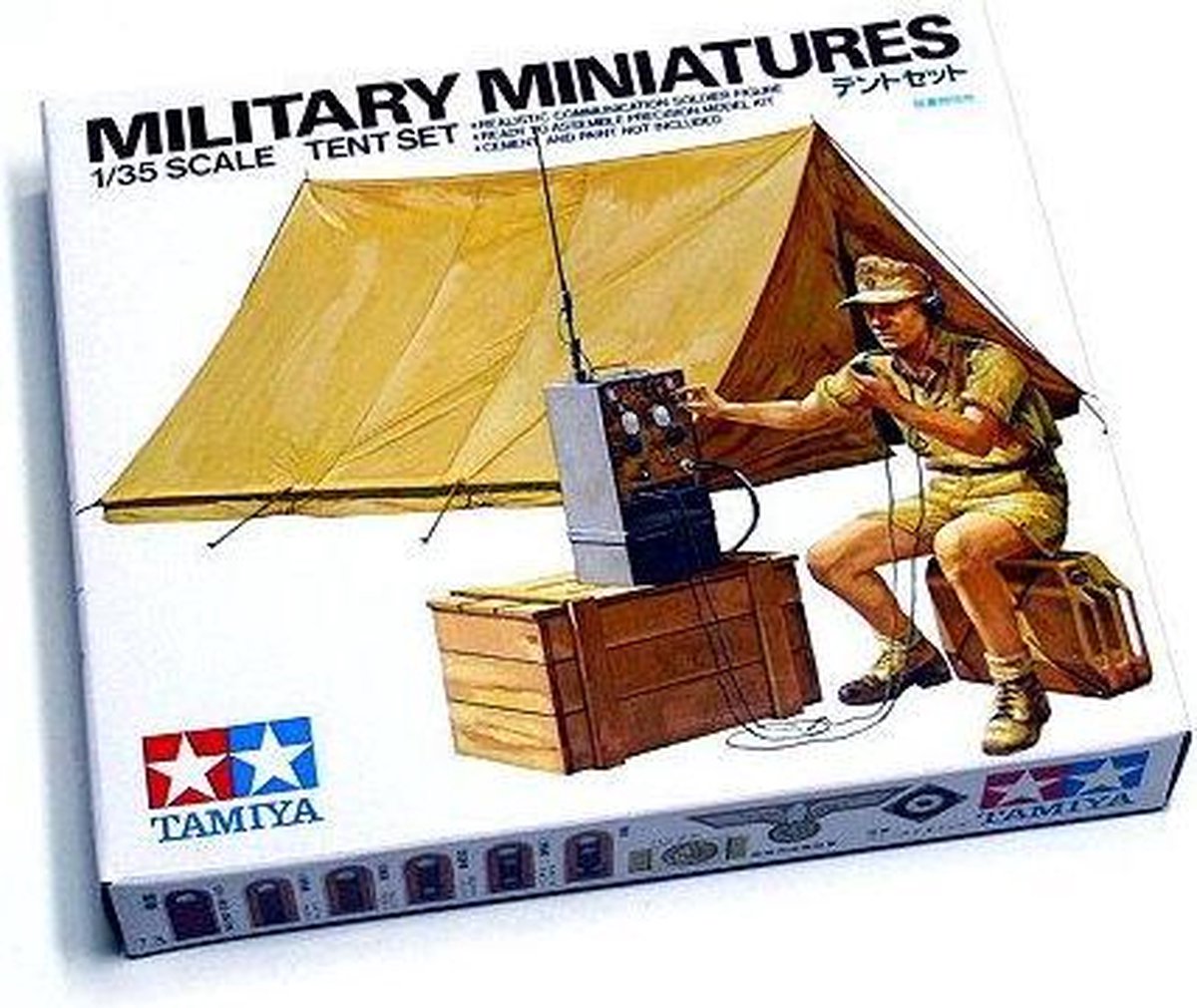 Tamiya model kit diorama - 35074 WWII diorama sæt telt med radio - 1 figur plastik - 1:35 - modelfremstilling