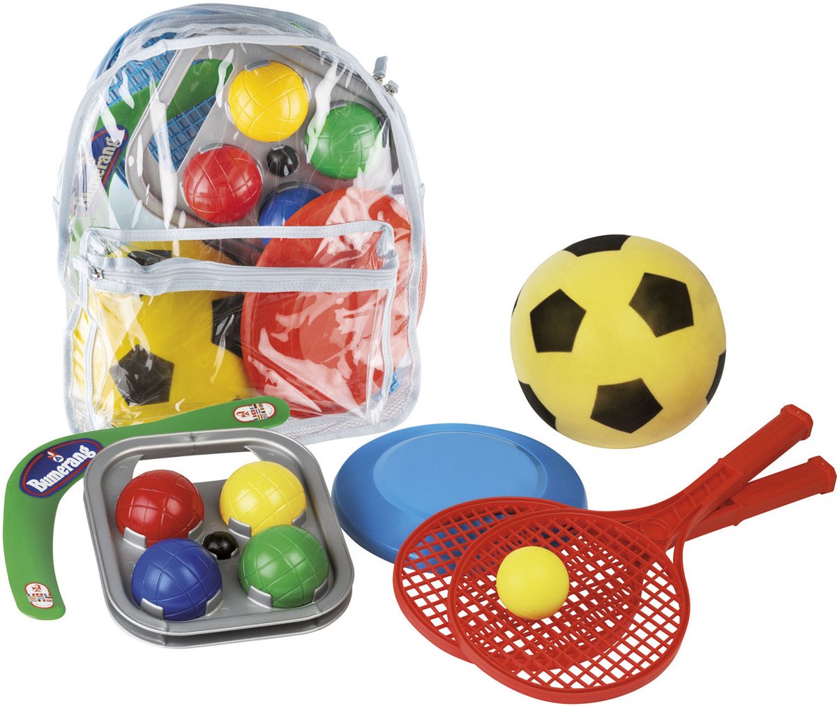 Androni camping sportssæt i taske - boomerang, en frisbee, et tennissæt (2 ketchere ø 21 cm med bold) og en blød bold