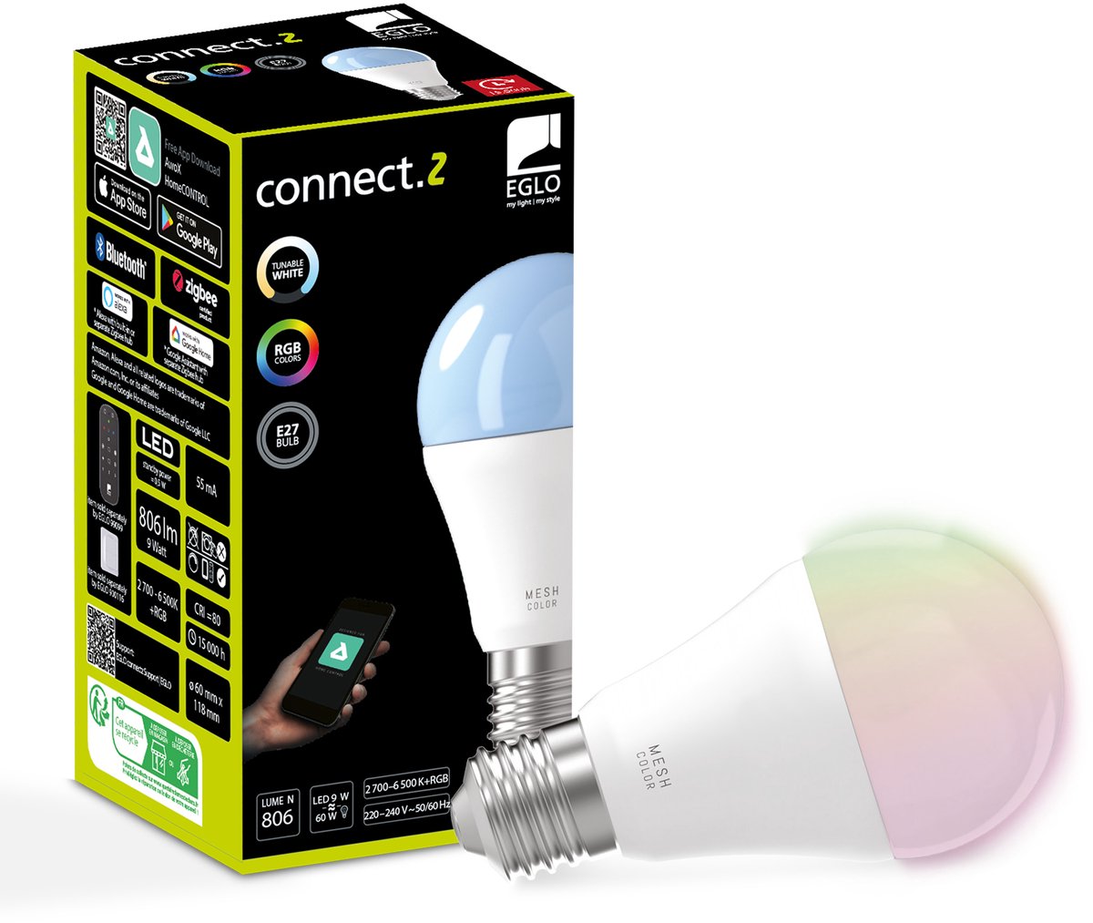 Eglo connect.z smart LED-lampe - E27 - ø 6 cm - justerbart RGB hvidt lys - dæmpbar - Zigbee