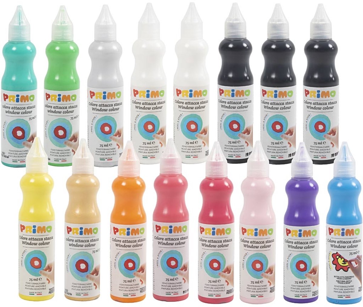 Primo vinduesmaling - maling til vinduer - vinduesdekoration - vandbaseret maling - børnemaling - forskellige farver - kreativ maling - 16 malertuber - 75ml pr. tube