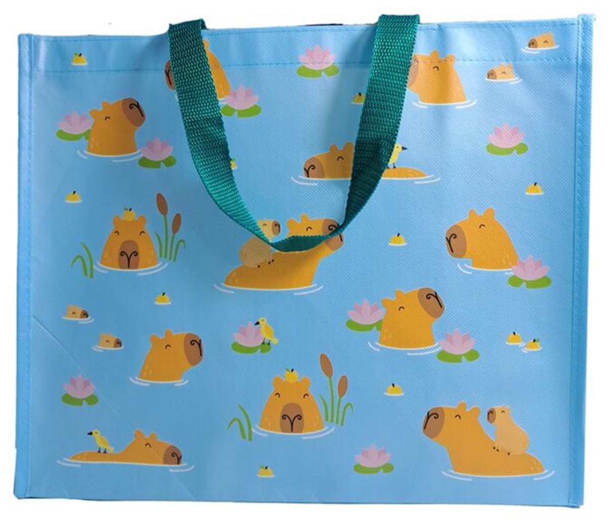 Puckator indkøbstaske shopper - capybara svømmeblomster - bæredygtig - lyseblå brun - 33x39x17cm