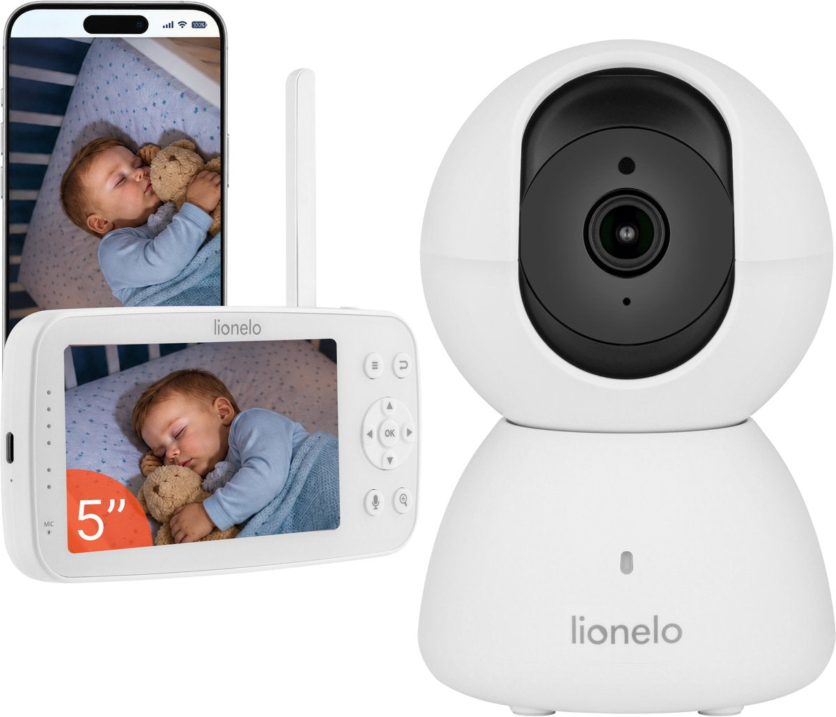 Lionelo babyline 8.4 babyalarm med kamera – 5 tommer skærm og smartphone app – full HD 1080p – WiFi babyalarm – gråd, bevægelse og lyddetektion – nattesyn – tovejs kommunikation – op til 300 m rækkevidde