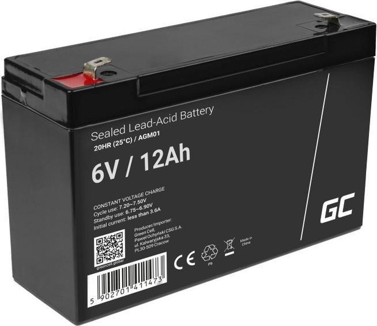Green cell 6v 12ah (4.6mm) 12000mah vrla agm batteri
