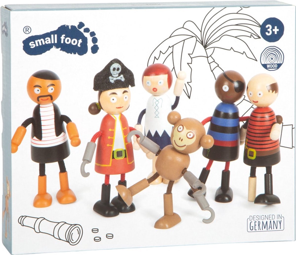 Lille fod - bøjelige piratfigurer i træ, 6 stk.