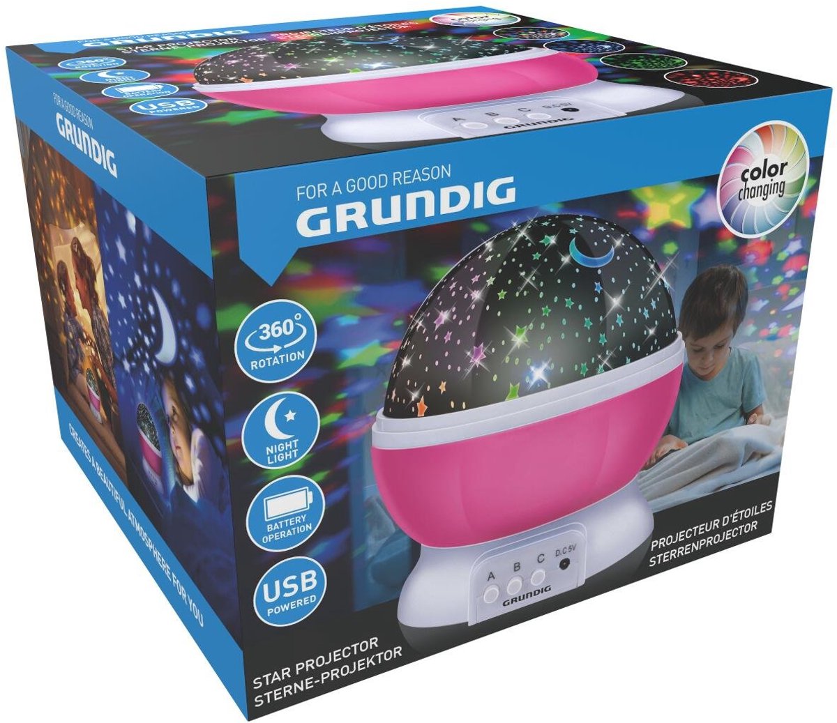 Grundig - stjerneprojektor - flerfarvet - natlys - børneværelse - stjernelampe
