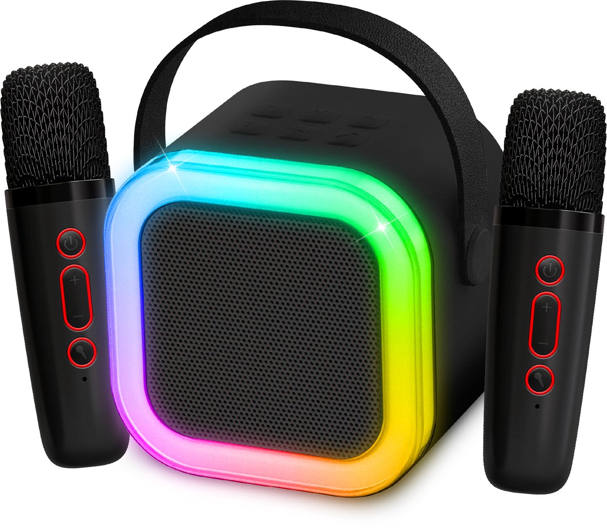 Partyfunlights mini duo karaokesæt festhøjttaler - med to mikrofoner sort - discobelysning - trådløs - til voksne og børn