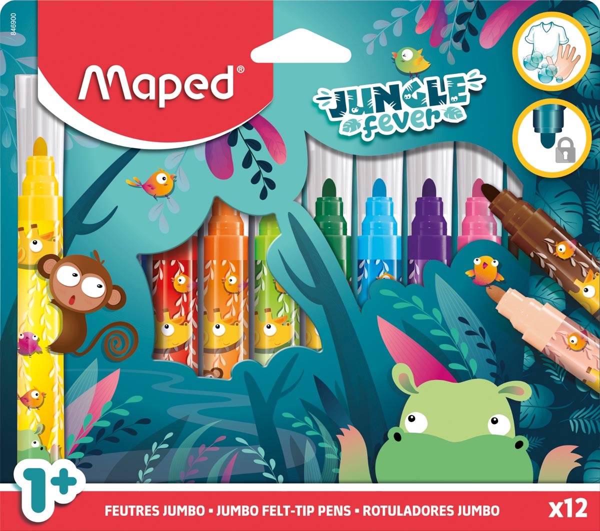 Maped kontor tusch kortlagt jungle feber jumbo sæt 12 farver