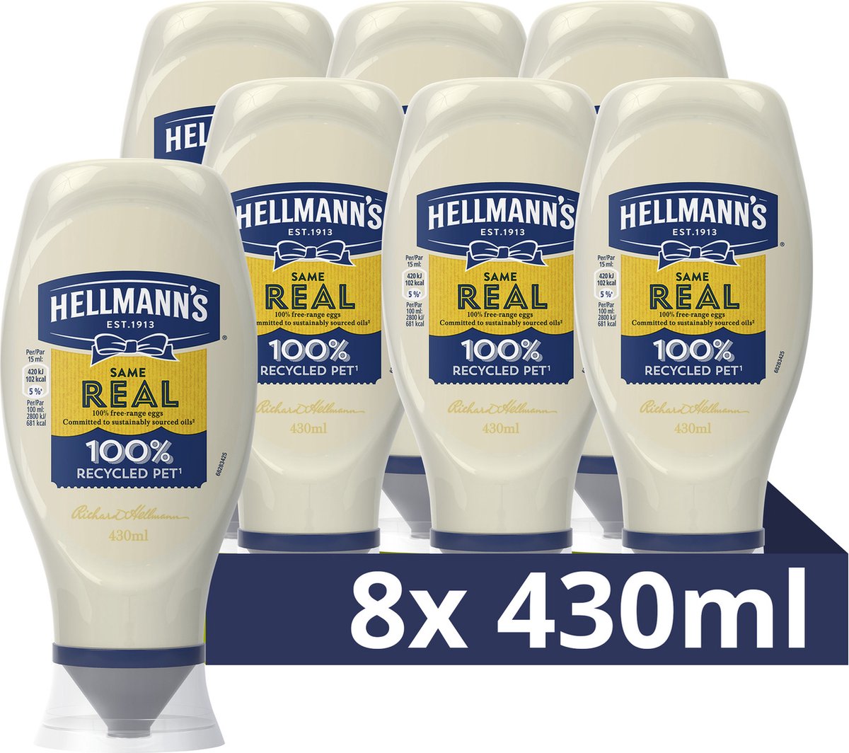 Hellmanns ægte mayonnaise - i en praktisk klemflaske - 8 x 430 ml - værdipakke