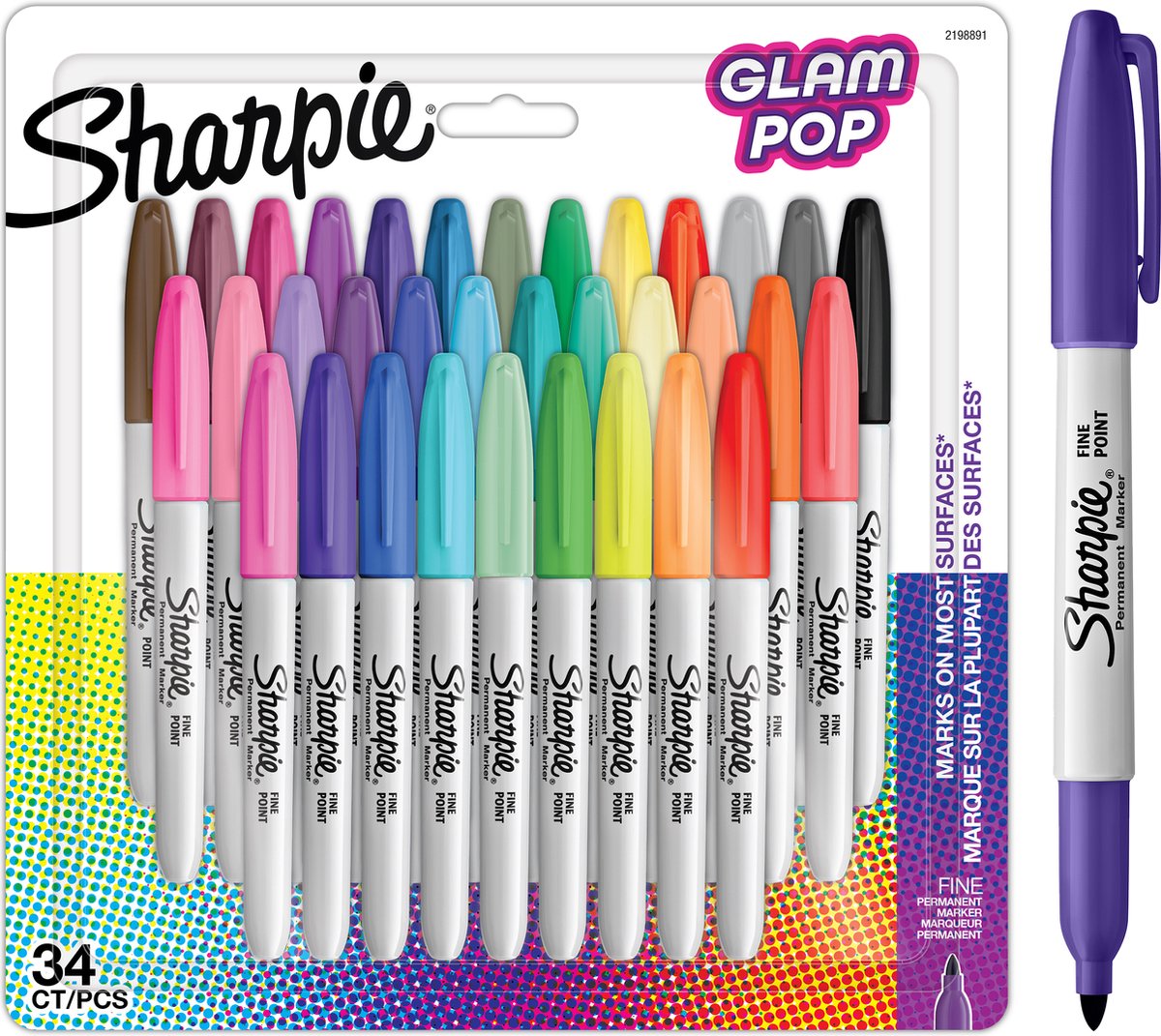 Sharpie glam pop permanente tuscher - 34 tuscher - flerfarvet - fin spids