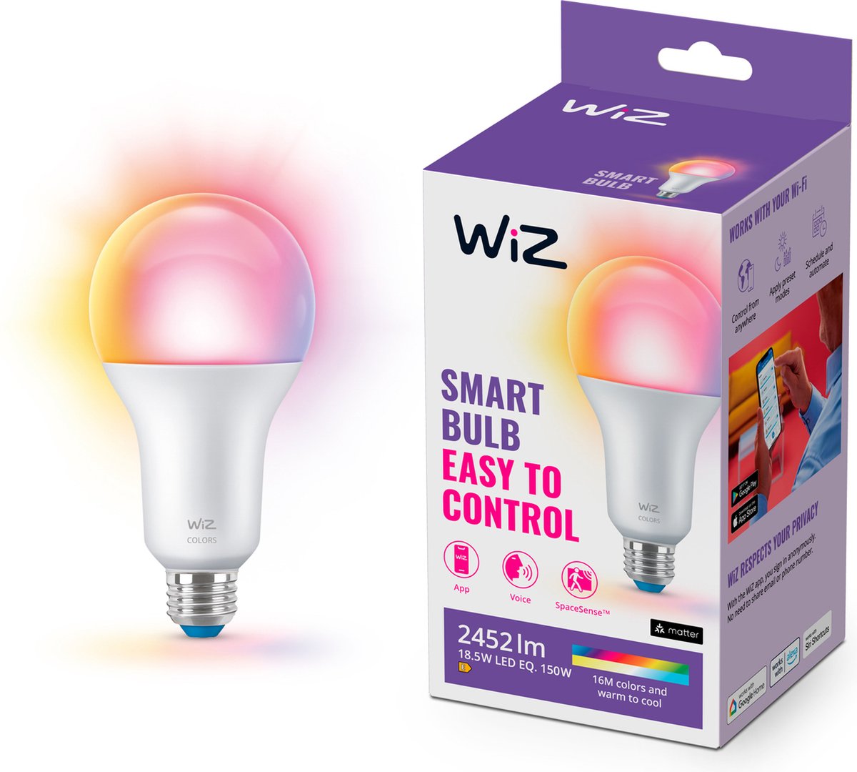Wiz lamp - gekleurd en wit licht - slimme led verlichting - e27 fitting - 150w - mat - wi-fi