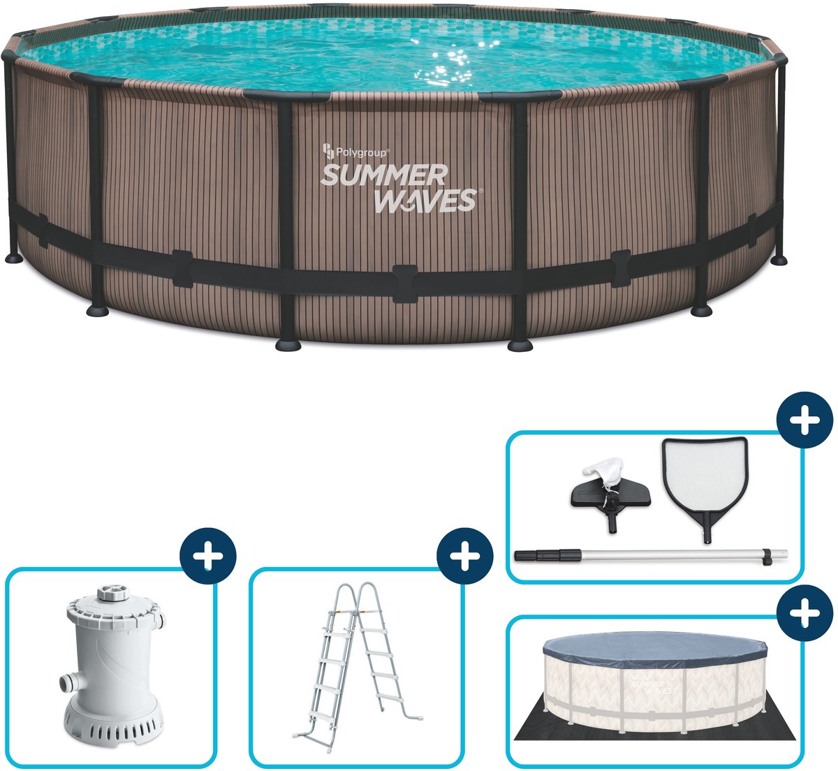 Sommerbølger rammer pool rund - ⌀427 x 107 cm - svømmebassiner - inklusive filterpumpe - poolpumpe - filterpatron - stige - dæksel - jordklud - vedligeholdelsessæt