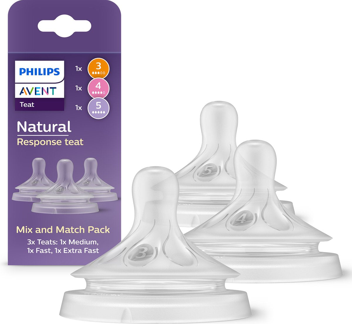 Philips avent natural response speen – mix match – 3 stuks – gemiddeld, snel en extra snel – anti-koliek – anti-lek – bpa-vrij - scy960 03