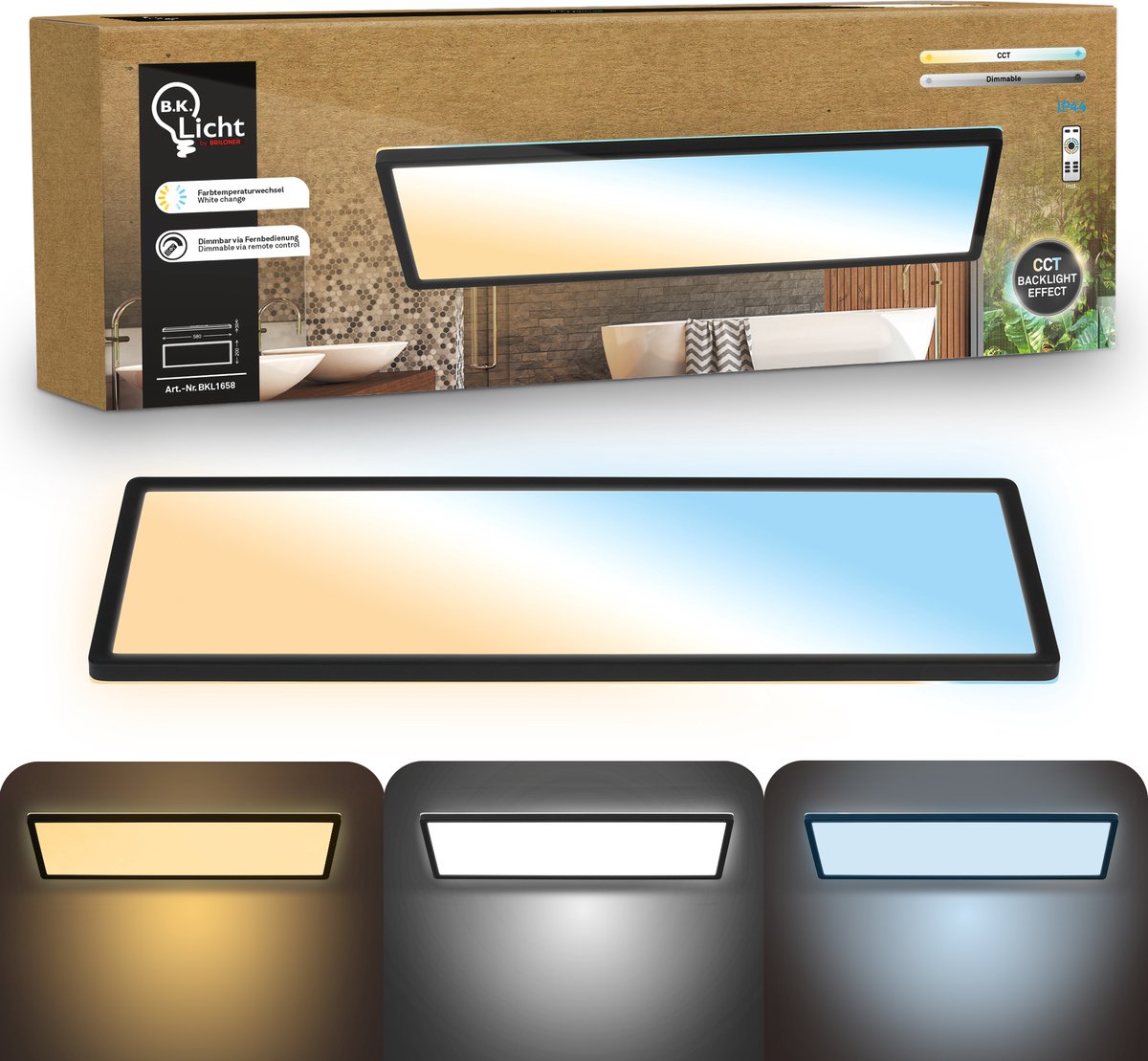 B.K.licht lavvandet - dæmpbar badeværelseslampe loftslampe - loftslampe med fjernbetjening - badeværelsesbelysning med CCT - ip44 - 58 x 20 cm - sort