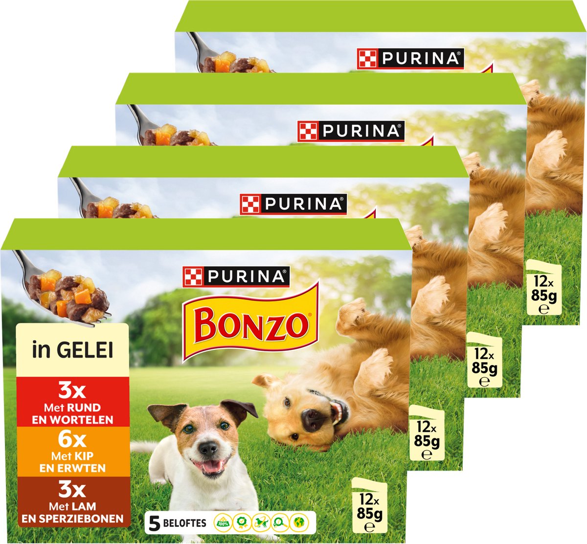 Bonzo måltidsposer til voksne - vådfoder til hunde - oksekød kyllingelam - 48 x 85 g