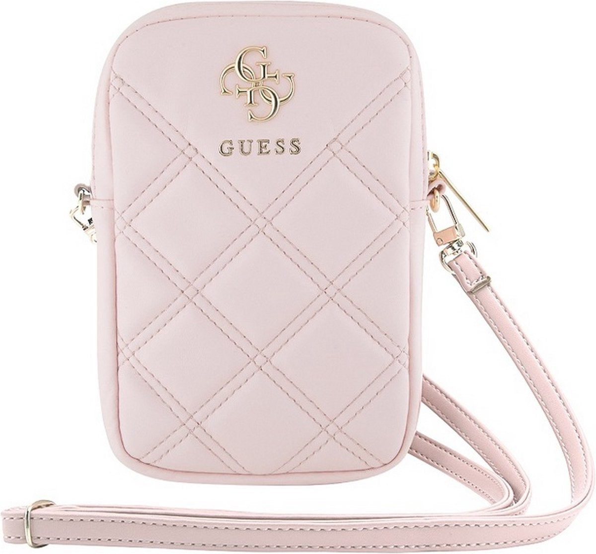 Guess quilted 4g metal logo wallet pouch met riem (7 inch) - roze