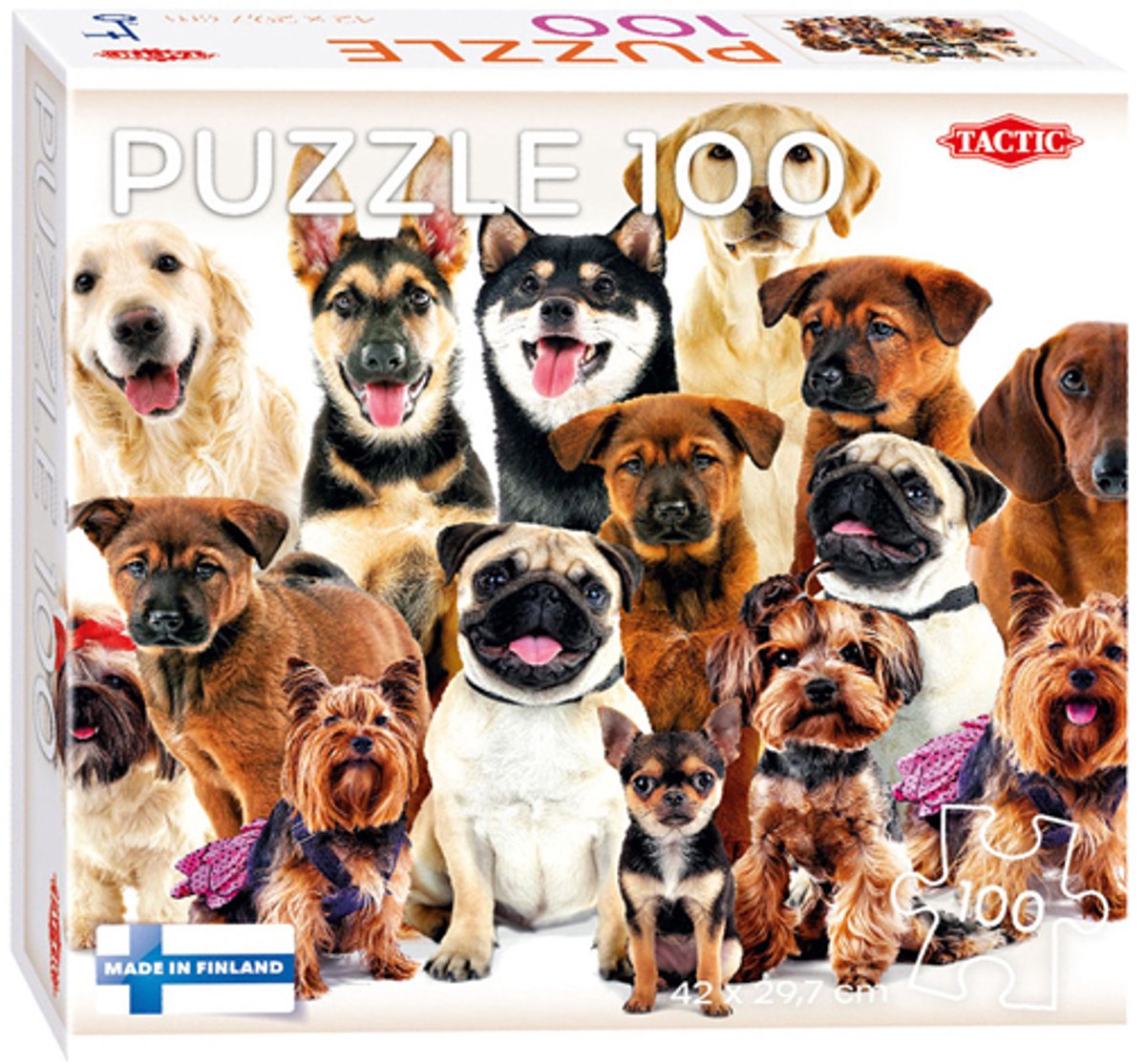 Taktisk gruppe af søde hunde – puslespil – 100 brikker – munter hundeillustration – slankt og beroligende design – høj skandinavisk kvalitet