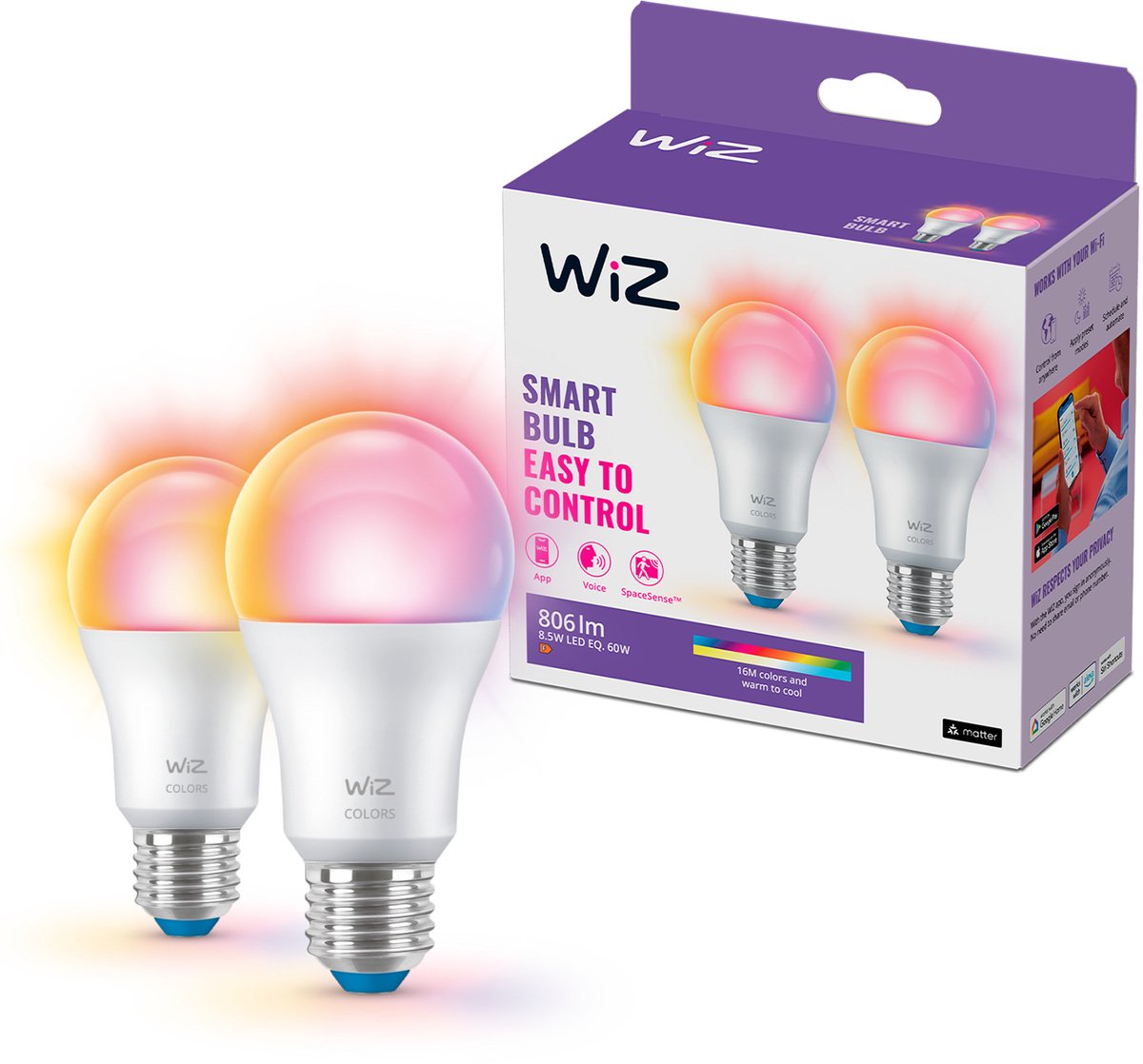 Wiz lamp 2-pack - slimme led-verlichting - gekleurd en wit licht - e27 - 60w - mat - wi-fi