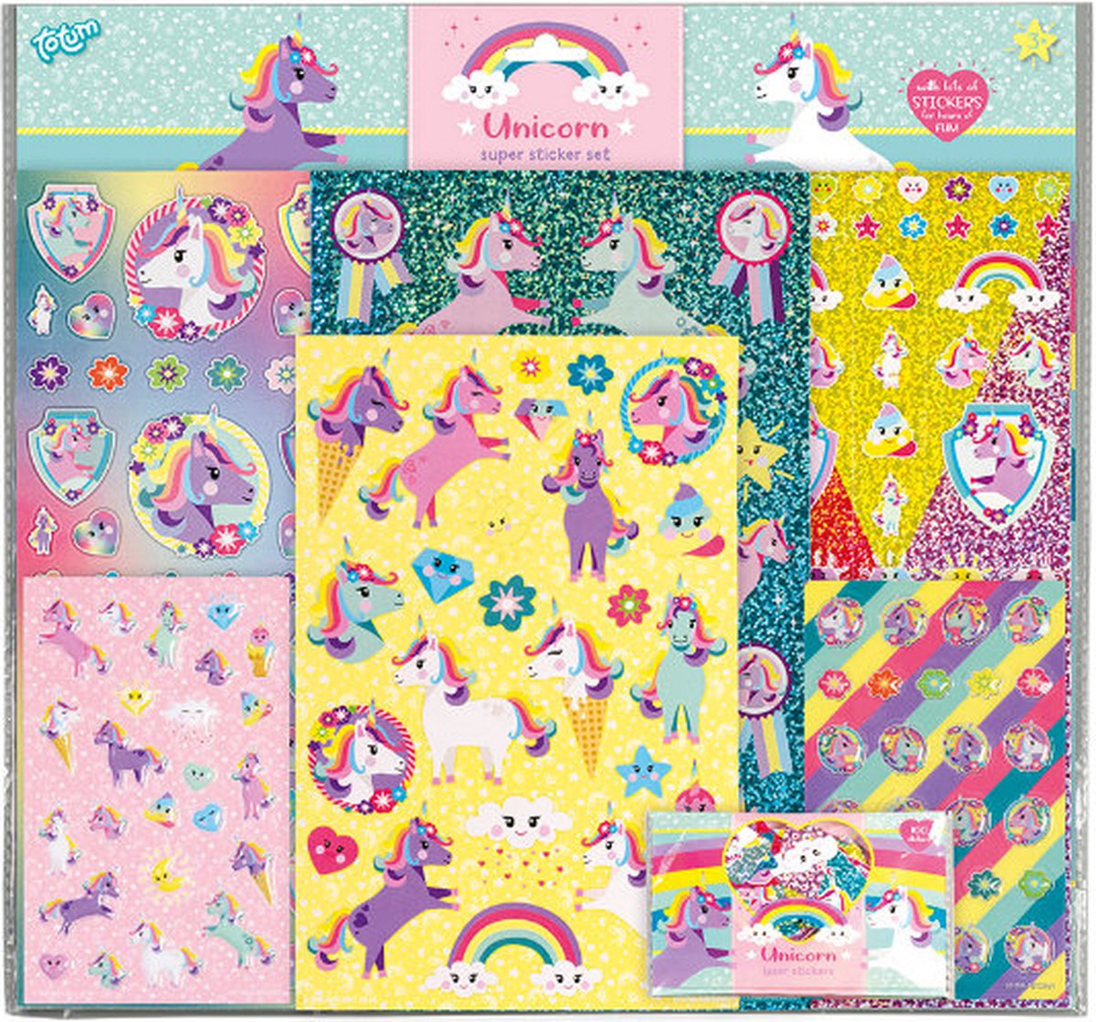 Totum unicorn stickers super sticker sæt xl 8 ark - inkl. luksusklistermærker med enhjørningstema 38 x 36 cm - inklusive spil - kreativt legetøj til piger og drenge fra 3 år