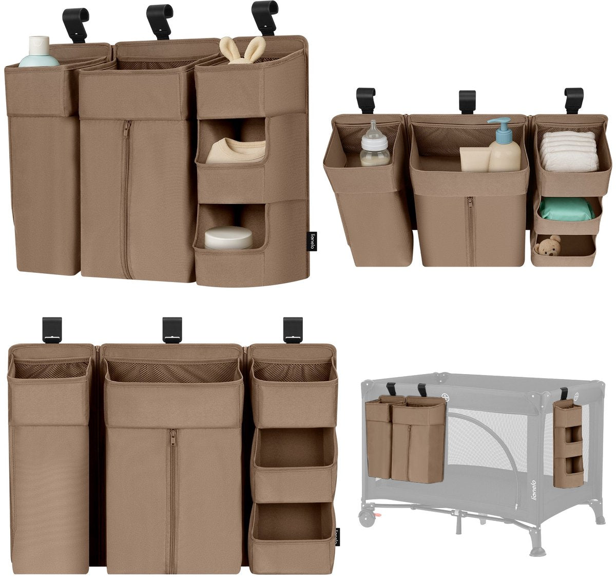 Lionelo sidelomme stor – sengekantlomme krybbeorganisator 58×11×58 cm – 3-delt moduldesign med lynlåslomme – til rejseseng, co-sleeper box – forstærket, multifunktionel aftagelig – bleer, servietter tilbehør