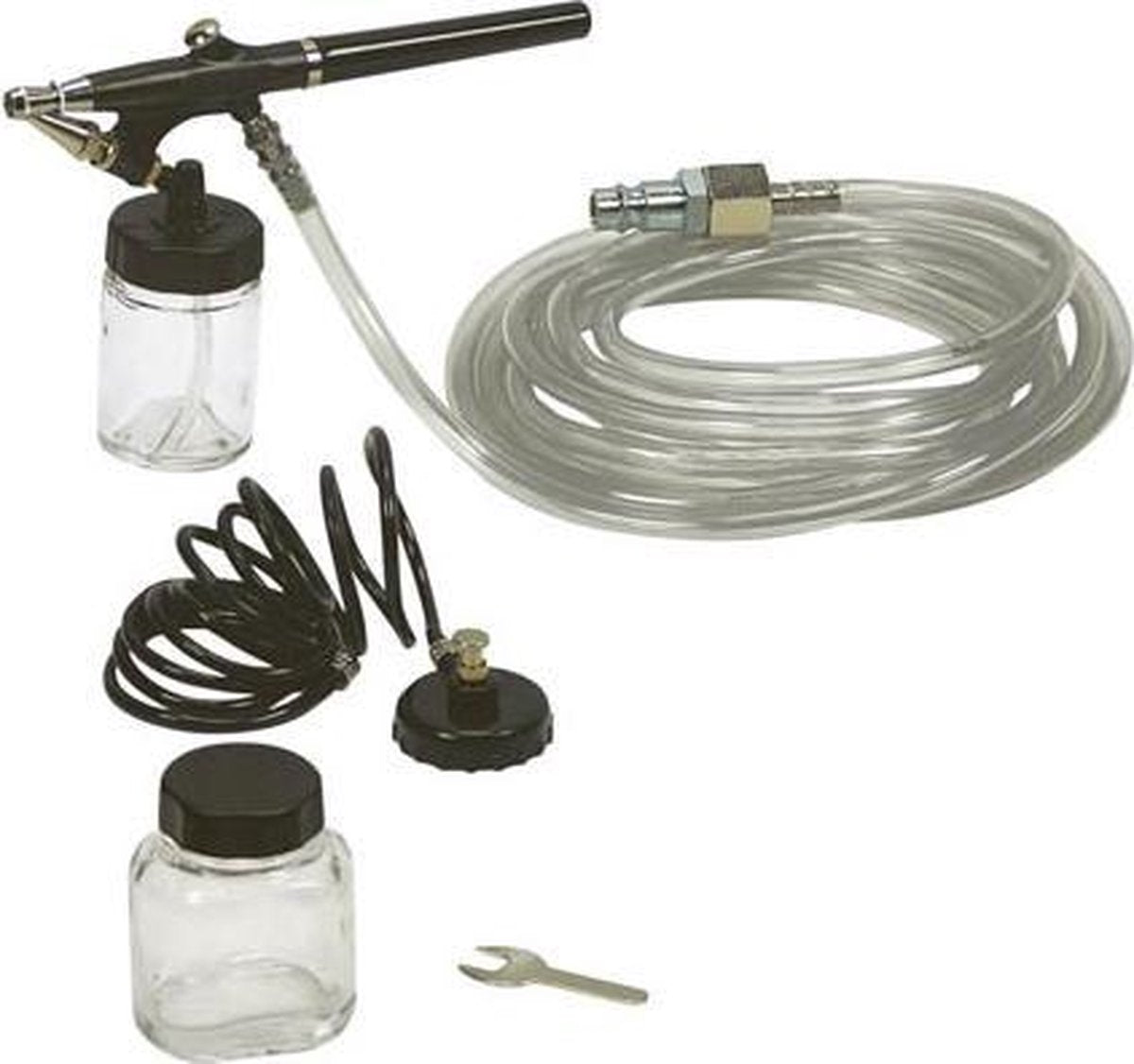 Stanley airbrush sæt til kompressor, 5-delt, 15 l min 3 bar med airbrush pistol slange, spiralslange, 2 reservoirer og multifunktionsnøgle, til modelfremstilling af make-up møbelbil