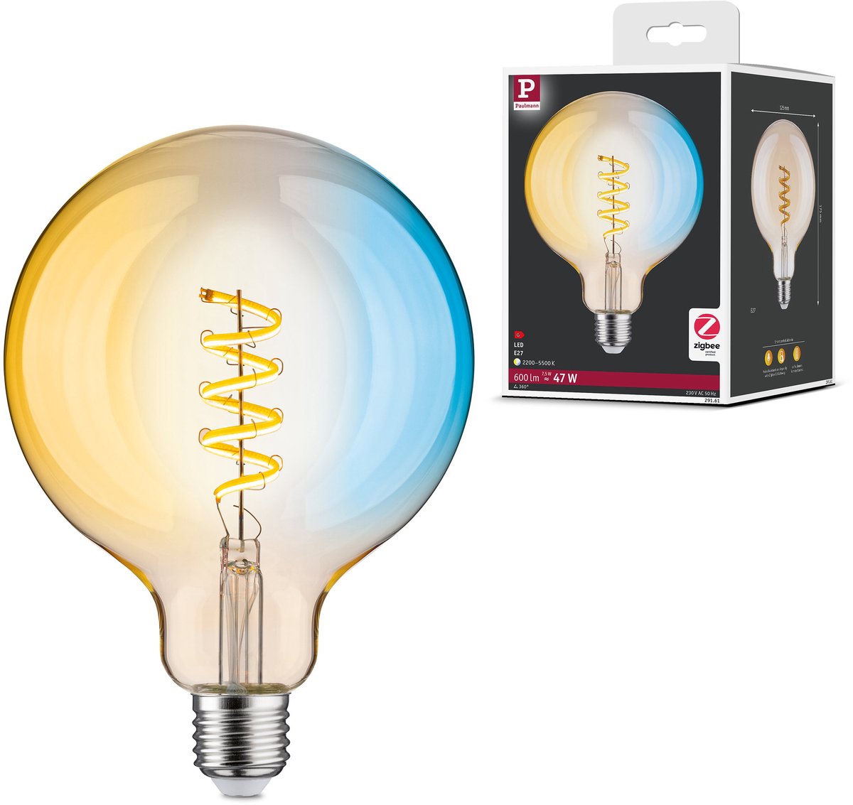 Paulmann Filament 230 V Smart Home Zigbee 3.0 LED Globe G125 E27 600LM 7.5W Tunable Hvid Dæmpbar Guld