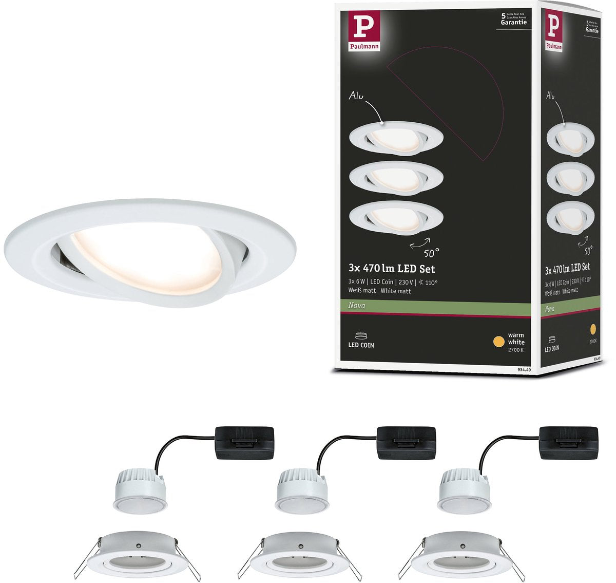 Paulmann LED forsænket lampe nova møntsæt med 3 drejelige runde 84 mm 50° mønt 3x6w 3x470lm 230v 2700k hvid mat