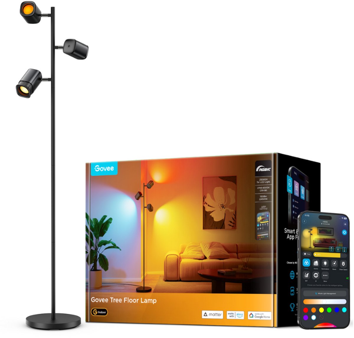 Govee smart gulvlampe 160 cm matter rgbww - 3 lyshoveder - smart læselampe - trægulvlampe