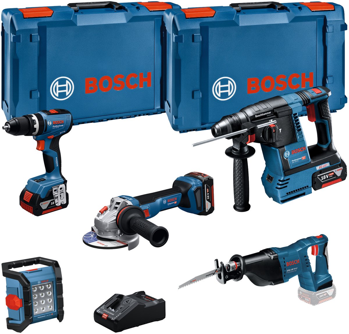 Bosch combo kit 18v sæt med 5 værktøjer: gsb + gbh + gws + g...