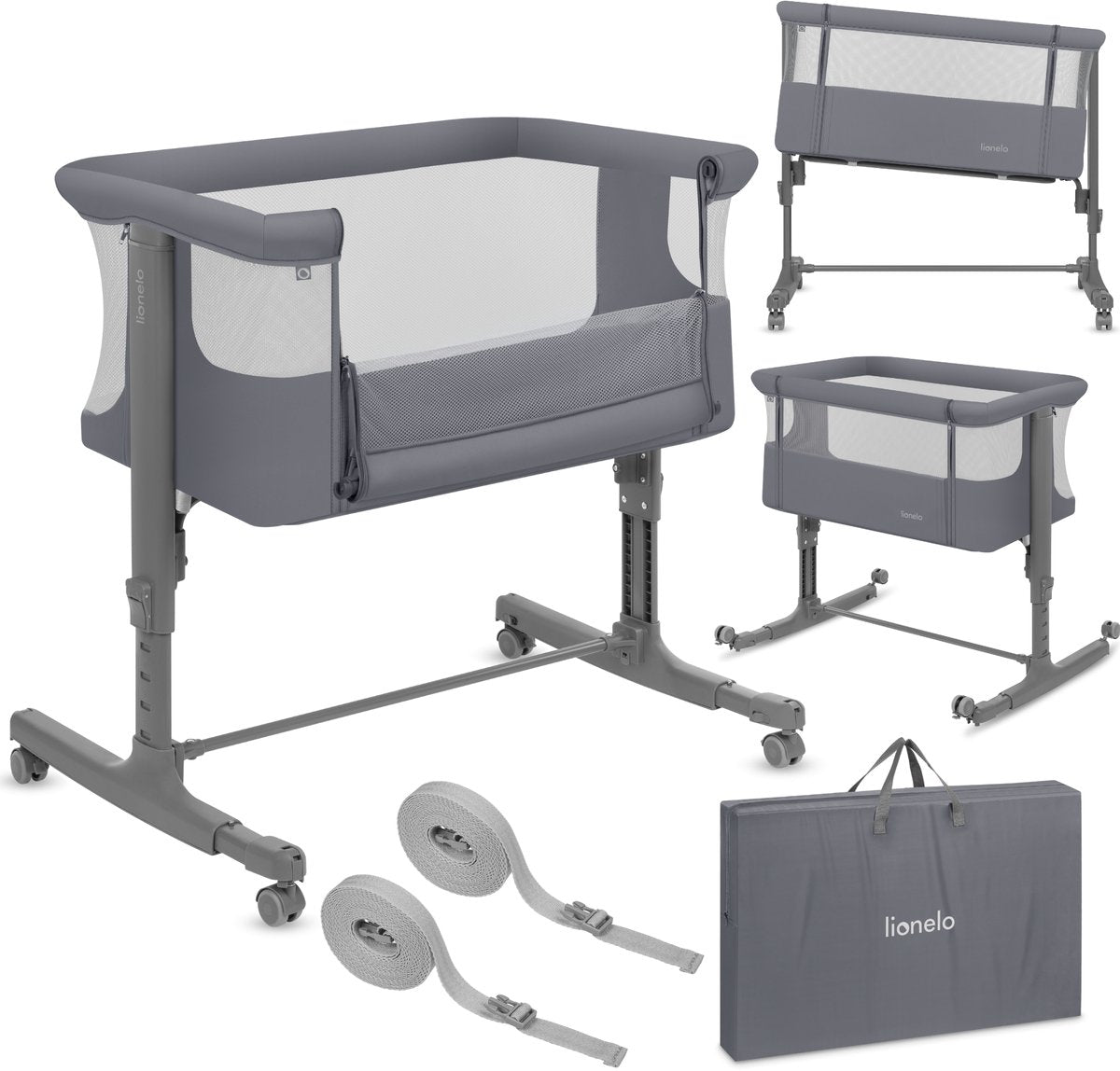 Lionelo aurora 3in1 co-sleeper - babyseng op til 9 kg - vokse-med-seng - 4 hjul med bremser - campingseng - justerbar højde - åndbart mesh - inklusive madras transporttaske - aftageligt betræk