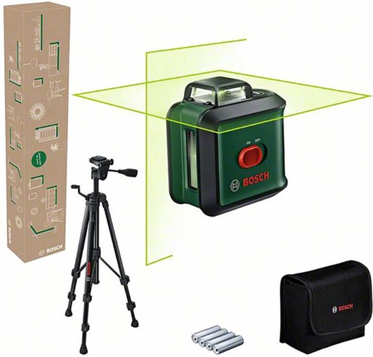 Bosch universalvel 360 sæt - 360° krydslinjelaser - inklusive stativ - opbevaringstaske - batterier