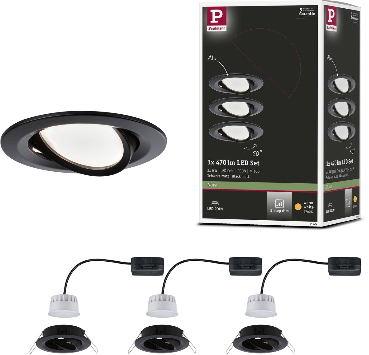Paulmann LED indbygningslampe nova mønt drejelig rund 84 mm 50° mønt 3x6w 3x470lm 230v dæmpbar 2700k sort mat