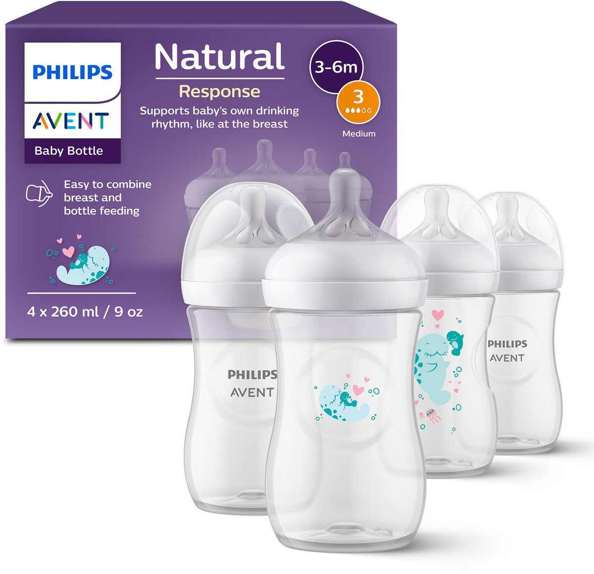 Philips avent natural response 4 babyflessen – 260 ml – flow 3- zeehond – scy903 61