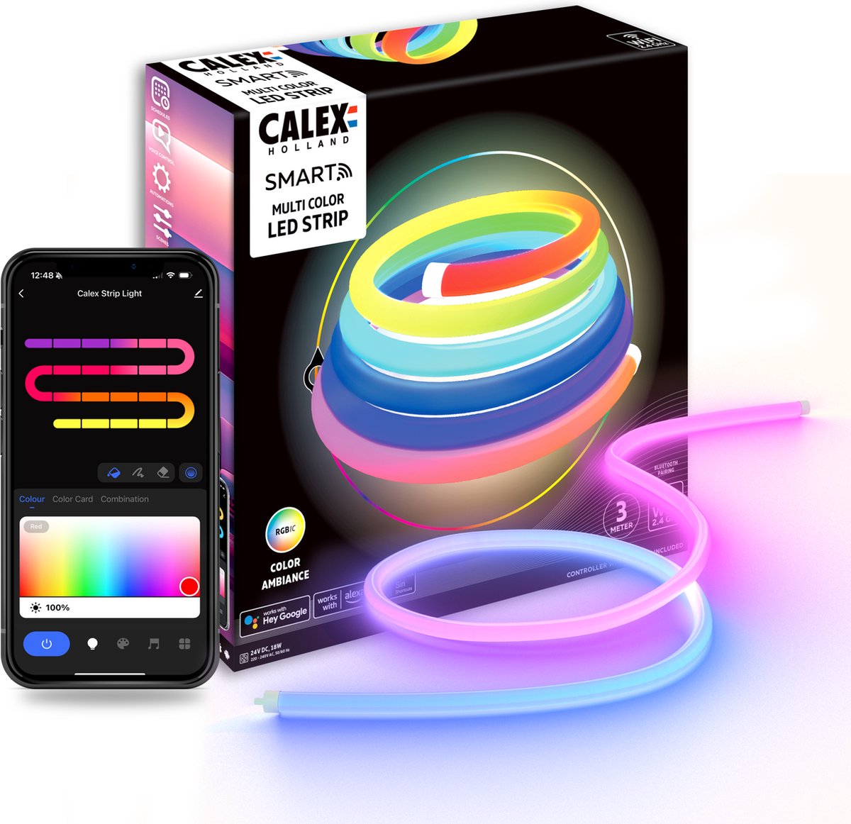 Calex smart neon tube 360° - 3m lichtstrip, rgbic warm wit, 16 miljoen kleuren, ip44, binnen buiten, app bedienbaar, schemafunctie, spraakbesturing - led strip, neon lichtsnoer, smart verlichting