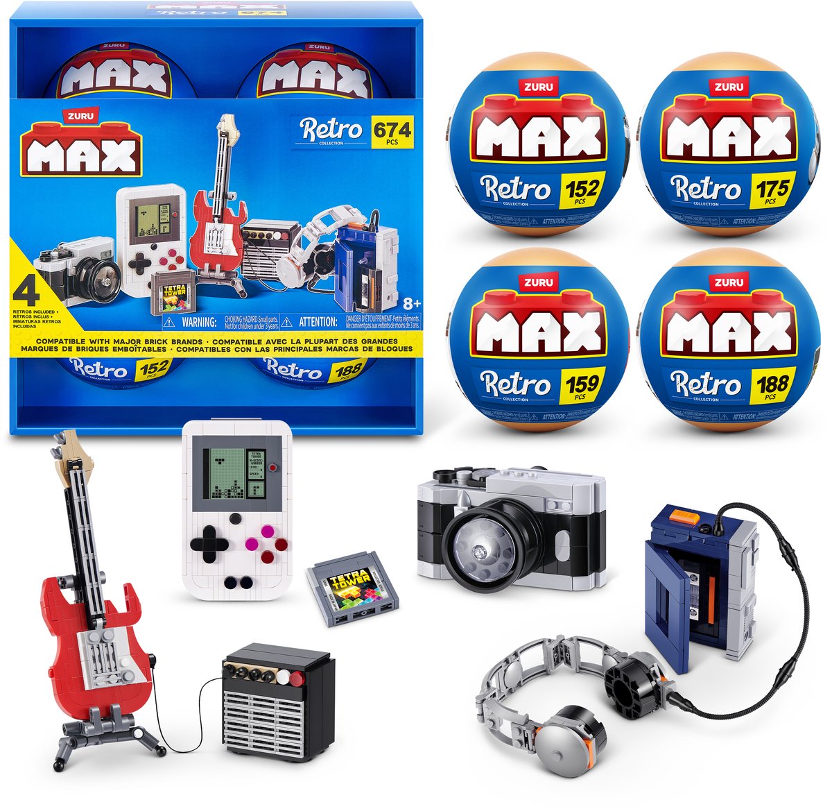 Max zuru retro - kamera, guitar, spillekonsol og kassetteafspiller - 4-pak