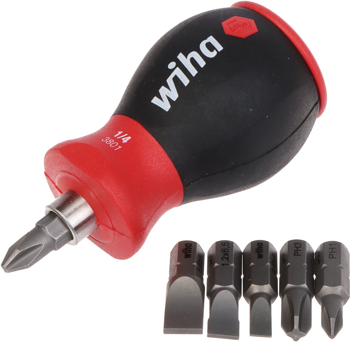 Wiha skruetrækker med bitmagasin magnetiske Phillips, slidset hoved med 6 bits, stubby, 1 4 i blister - 33738