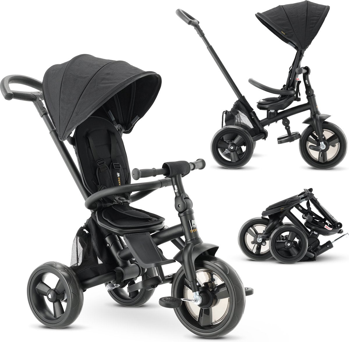 Deryan explorer driewieler - duwstang - opvouwbaar met mandje - zwart