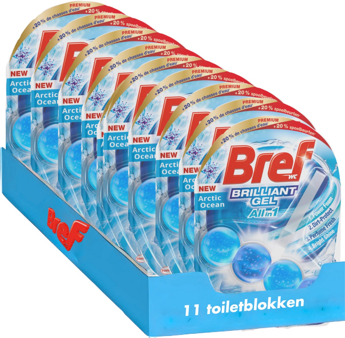 Bref - brilliant gel - arktiske ocean - allin1 - toiletblok - strålende rengøring - friskhed - værdipakke - 11 stk.
