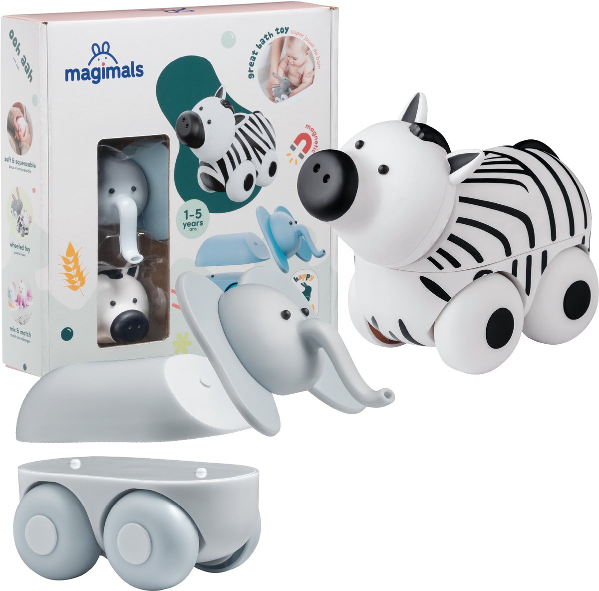 Magimals wheely safari box - interaktive magnetiske dyr på hjul (6 stk.). sjovt og kreativt legetøj, perfekt til badet eller på farten!