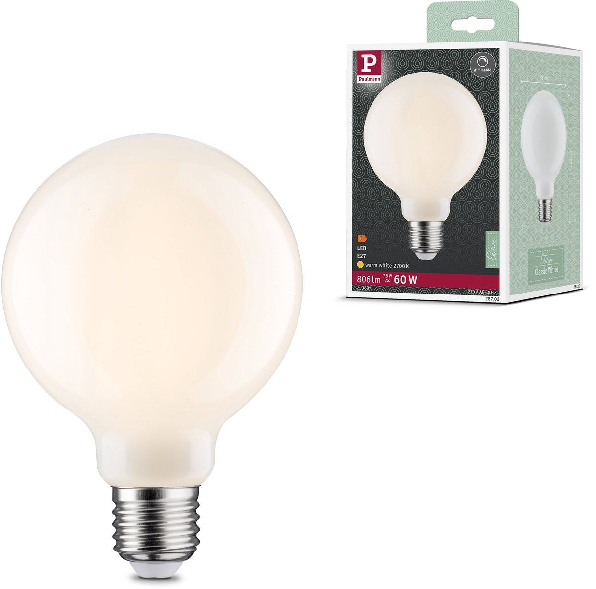 Paulmann filament 230 v led globe g95 e27 806lm 7.5w 2700k dæmpbar opal