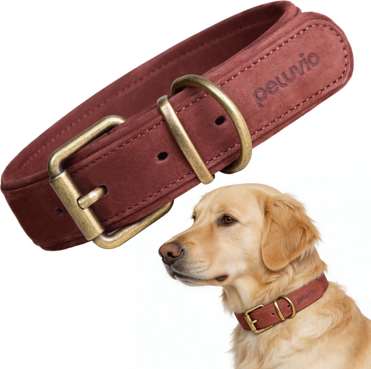 Peluvio rexor – hundehalsbånd i læder – brun – l 44-54 cm – 4 cm bred – justerbart halsbånd af okselæder – kobberspænde – til store hunde