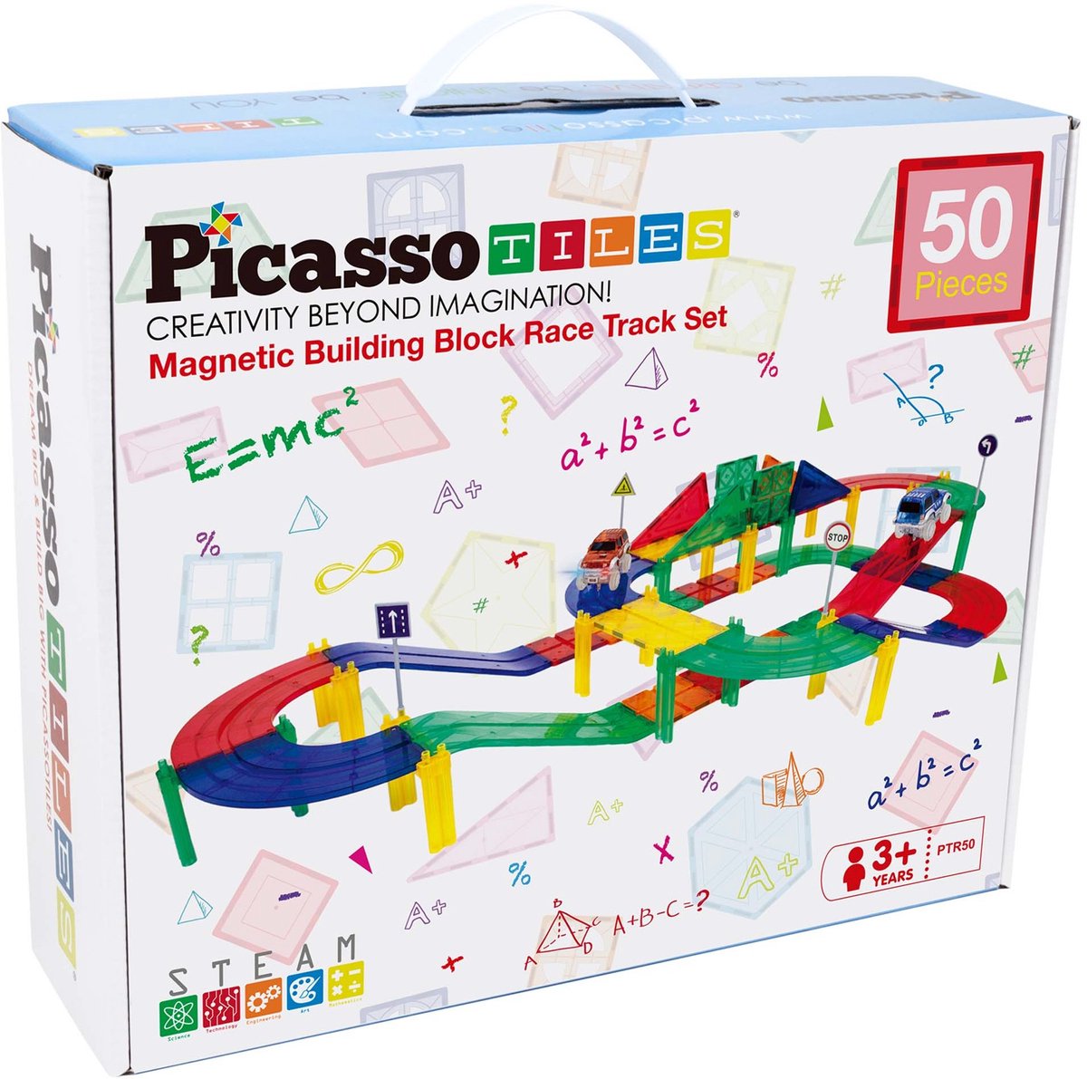 Picasso fliser taktik - byggelegetøj - magnetiske fliser - magnetiske fliser - racerbane - stammelegetøj - magnetisk racerbane med 2 LED biler - 50 stk - fra 3 år