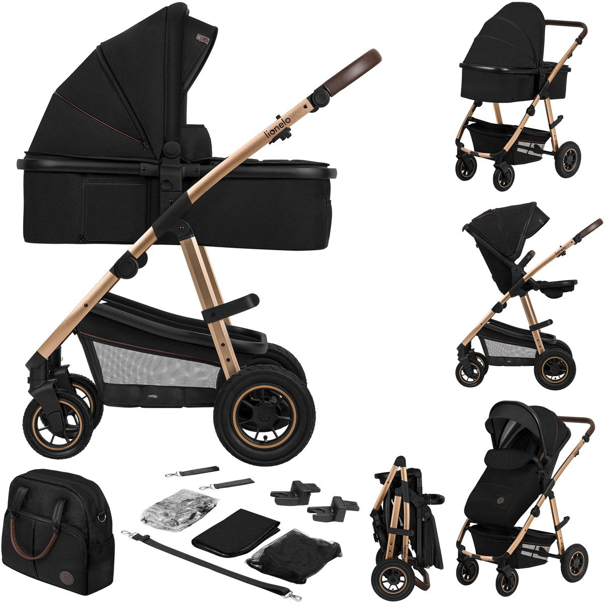 Lionelo rav 2i1 - klapvogn 2 i 1 - rejseseng + buggy - fra fødslen til 22 kg (0-4 år) - pneumatiske dæk - fuld affjedring - komfortabel madras - hurtigt foldbar - pusletaske - myggenet - regnslag - pusleunderlag - klapvogn - baby tumling