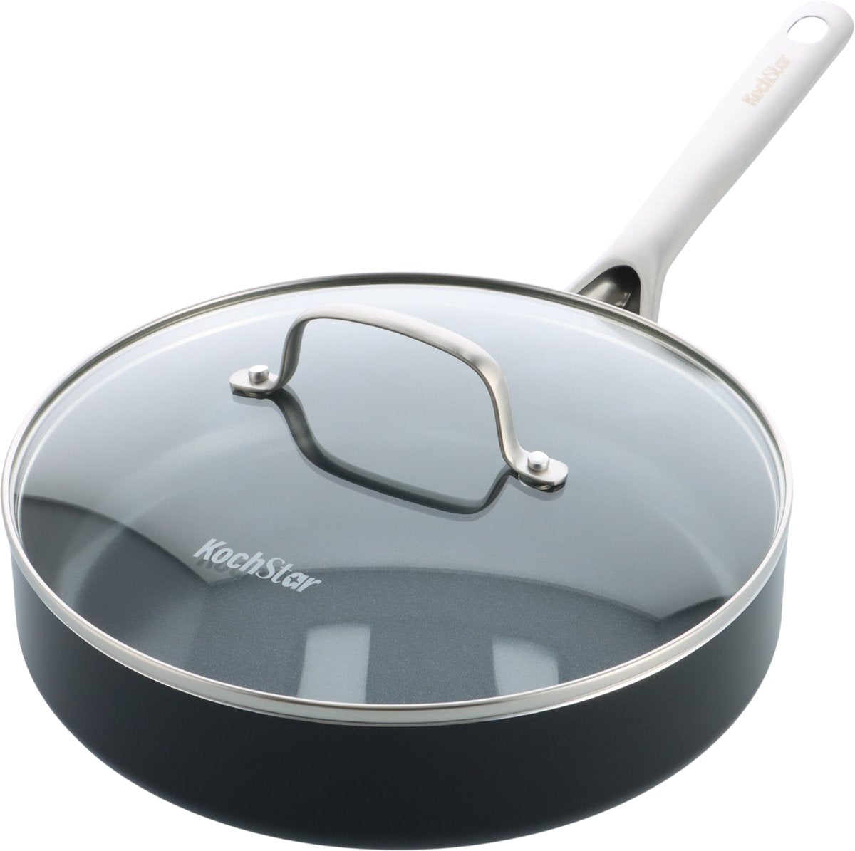 Kochstar nat keramisk sauterpande - med låg - 26cm - 3,69l - pfas-fri - induktionssauterpande - induktionsgryde - tåler opvaskemaskine - tåler ovn op til 200° c - keramisk non-stick belægning - rustfrit stål håndtag - rustfri stålkant - glaslåg - sort