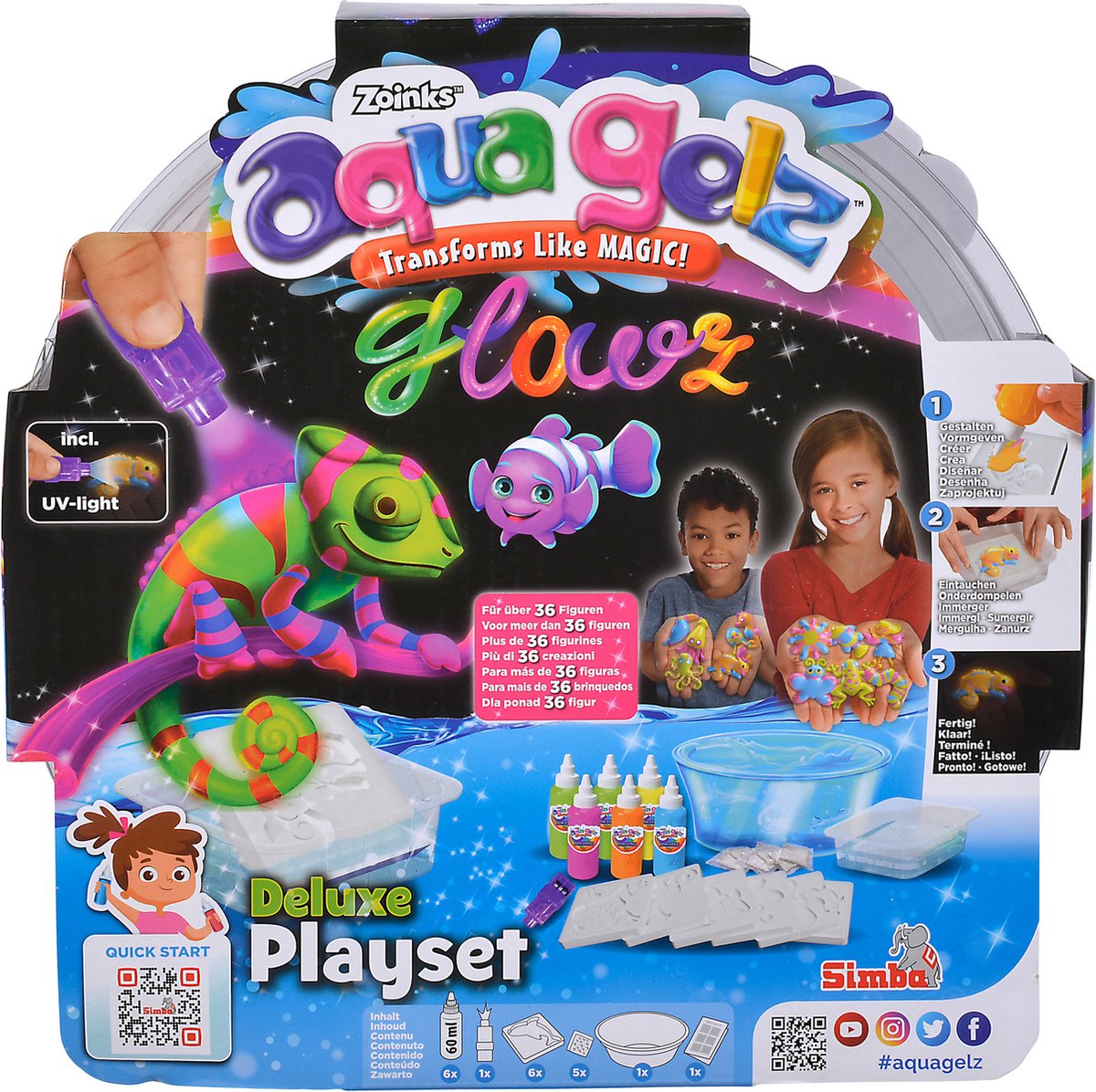 Simba - aqua gelz - deluxe sæt glowz - 6 flasker farvegel, med glow in the dark-effekt, med lommelygte, 6 forme, 5 vandtilsætningsstof, skål - hobbypakke