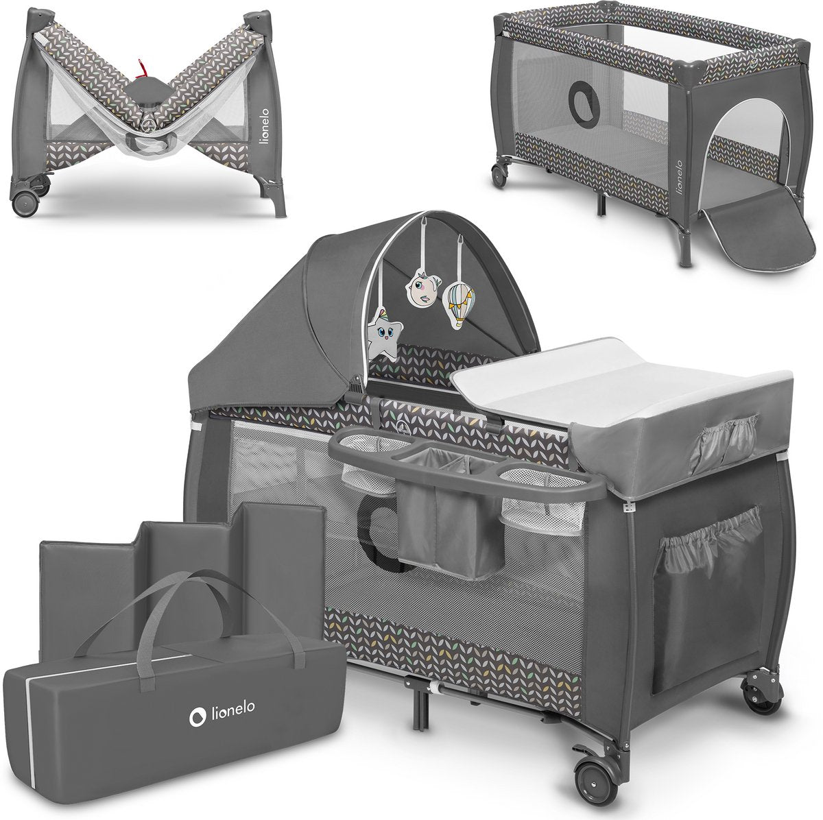 Lionelo sven plus 2i1 vokse-med campingseng - 127x60 cm - op til 15 kg - co-sleeper - rejseseng med puslebord, organisator, myggenet og interaktivt legetøj
