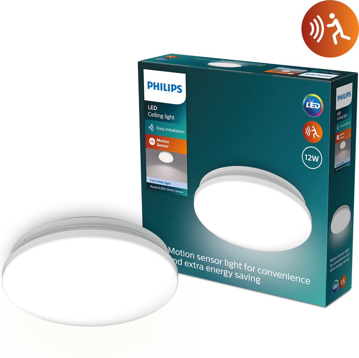 Philips led philips acuna plafondlamp - 12w - helderwit licht - ingebouwde bewegingssensor