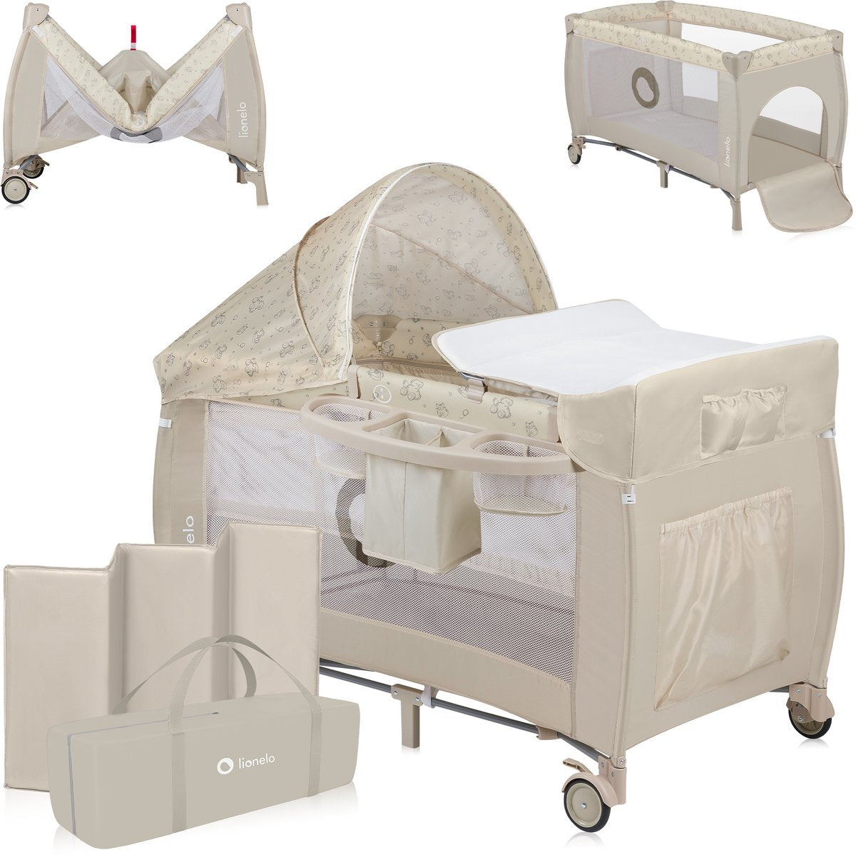 Lionelo sven plus 2i1 vokse-med campingseng - 127x60 cm - op til 15 kg - co-sleeper - rejseseng med puslebord, organisator, myggenet og interaktivt legetøj