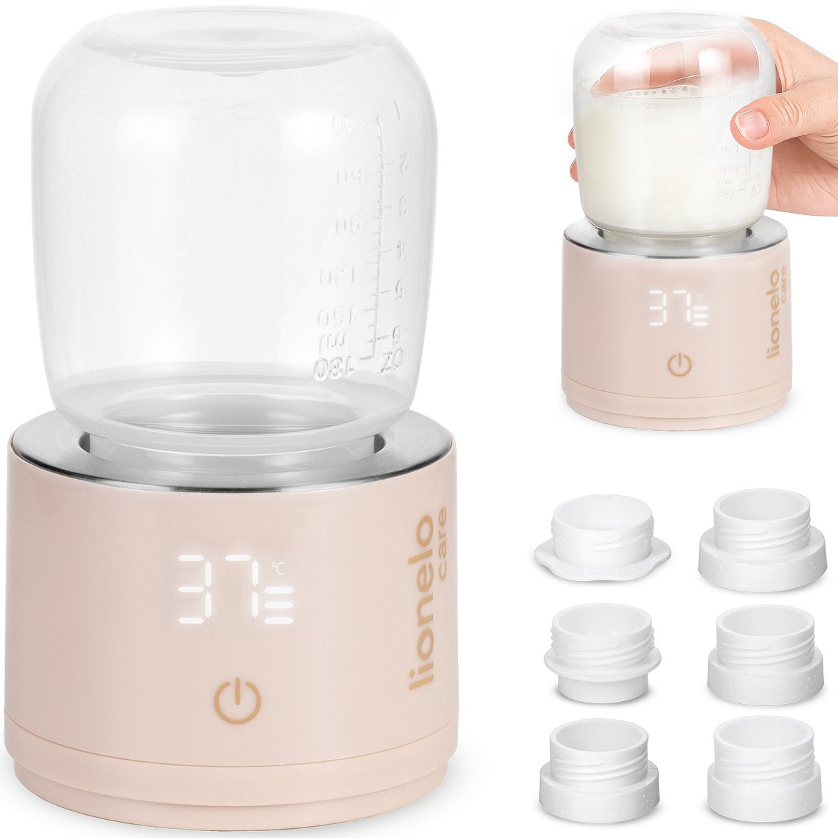Lionelo thermup swift flaskevarmer – superhurtig opvarmning på 3 minutter – holde varmen i op til 6 timer – 180 ml beholder – USB-C – 5 flaskeadaptere – 37–50°c – kompakt rejsevenlig – babymælkevarmer til hjemmet og på farten